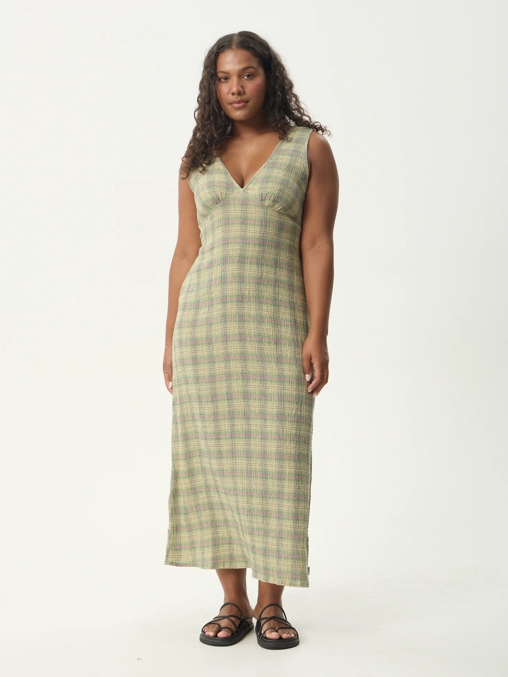 Afends TULLY SEERSUCKER MAXI DRESS Green Hemp blend Summer Beach L